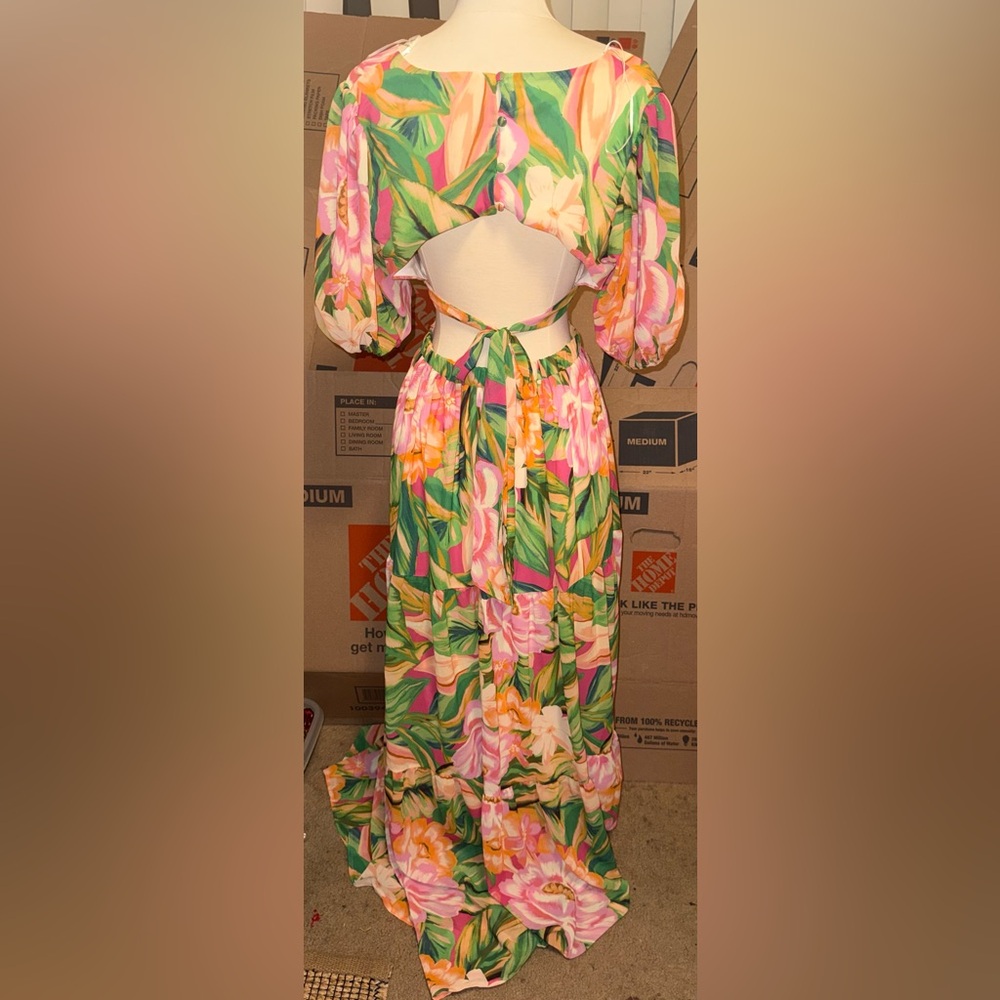 Floral Maxi Dress in Tropical Pink, Yellow, and Green by Flying Tomato - Picture 2 of 3